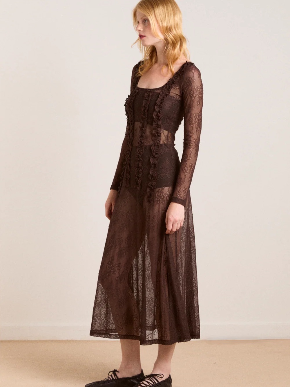 DAMSON MADDER RAPHI LACE MIDI DRESS IN COFFEE - Picture 12 of 17